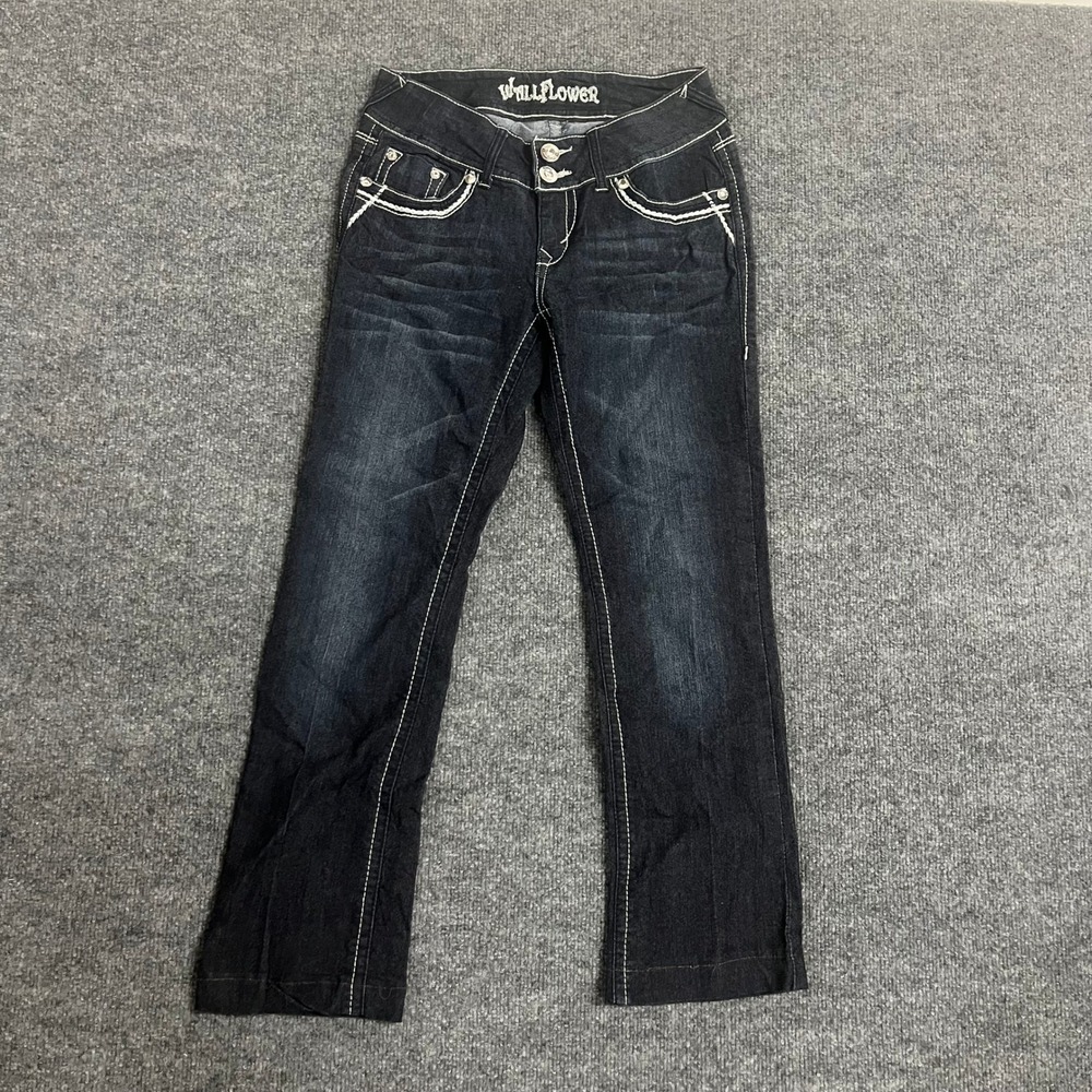 WallFlower Jeans Womens Size 5 Dark Wash Bootcut Thick Stitch Embellished Denim